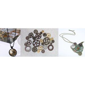 Steampunk Pendant Necklace Oversized Mixed Media Gears Clock Wings